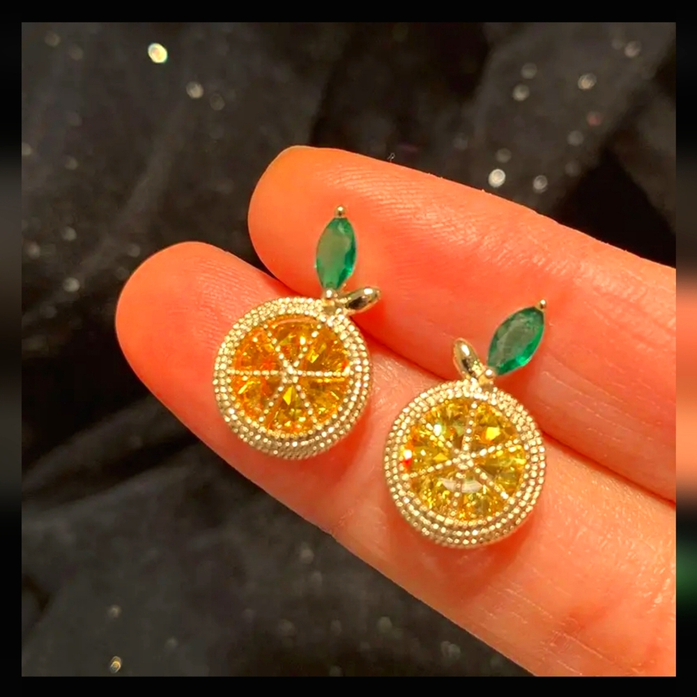 Lemon CZ  Zircon Diamond Earrings Cute dainty Yellow crystal stud Jewelry